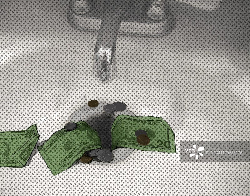 美元沉入水槽特写：错误的投资图片素材