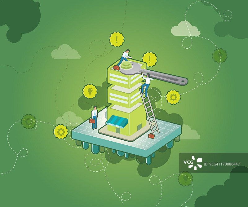 商务人士在绿色背景下用扳手修理建筑物图片素材