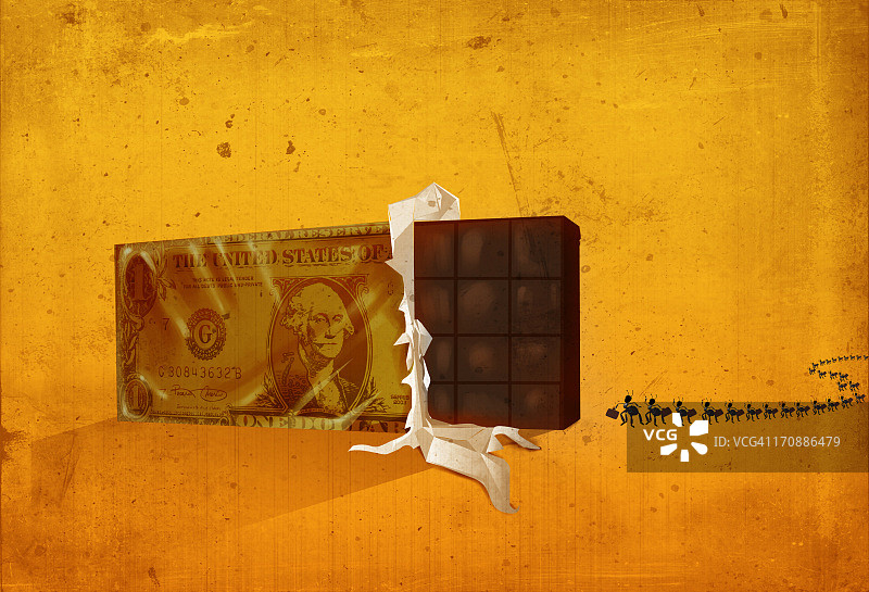 蚂蚁走向用美元包裹的巧克力图片素材