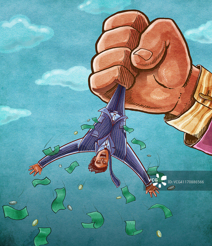 手托着商人腿，钱从口袋掉落插画图片素材