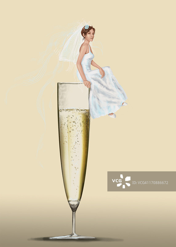 新娘坐在代表婚礼庆典的香槟长笛上的说明性图像图片素材