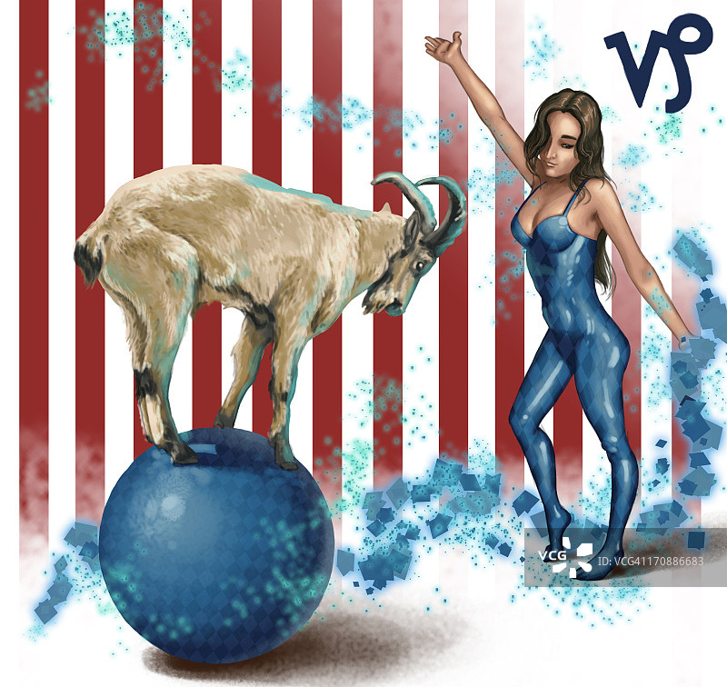 女性表演者观看山羊在球体上平衡：代表摩羯座图片素材