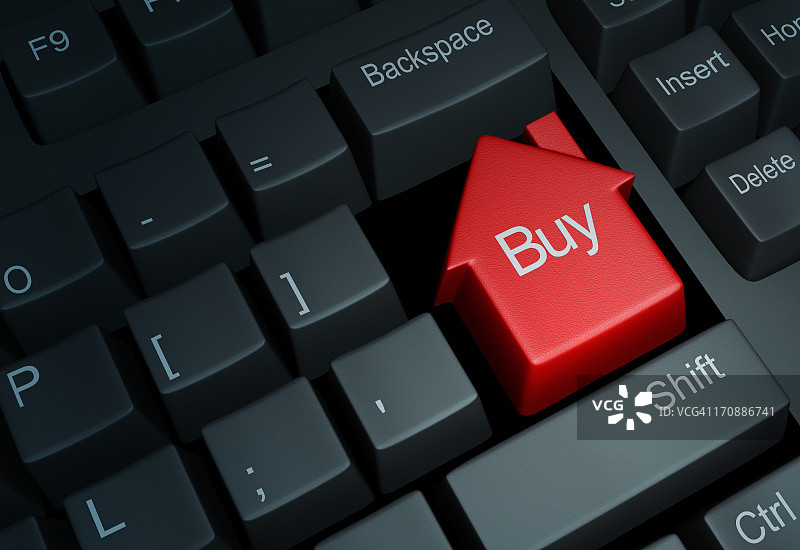 带有房屋按钮的键盘，代表在线房产交易插画图片素材