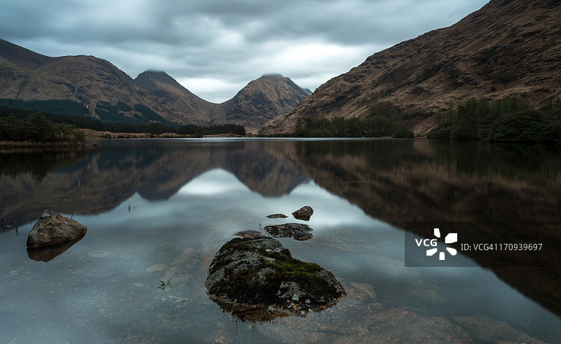 平静的湖水倒映着群山图片素材