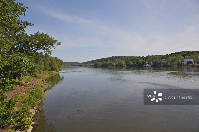 宽阔的河流与树木繁茂的河岸图片素材