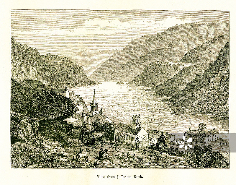 从杰斐逊岩观看，西弗吉尼亚州，木刻（1872年）图片素材
