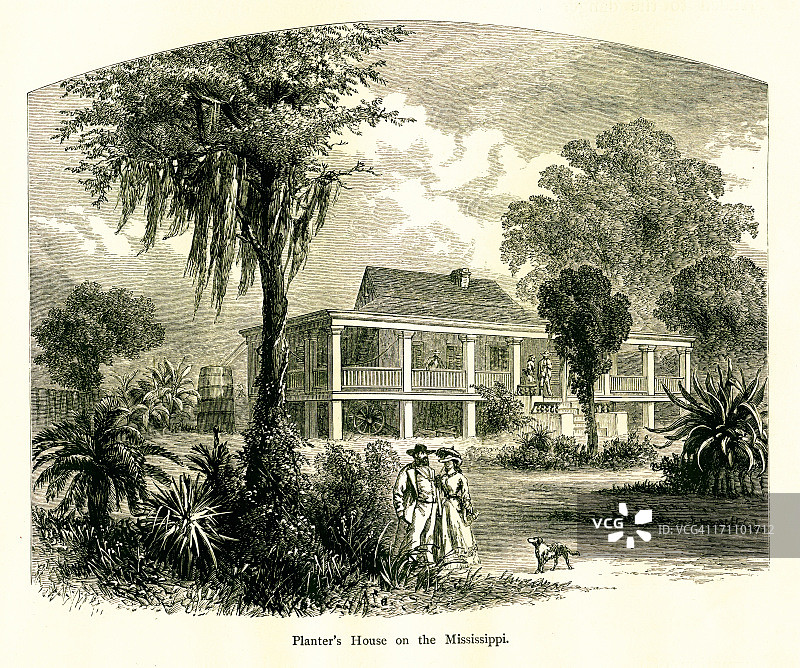 美国密西西比河上的种植园主住宅 | 历史美国插图图片素材