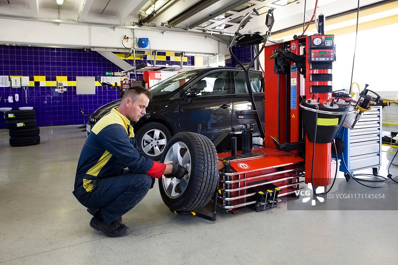 汽车修理店：汽车修理工更换轮胎图片素材