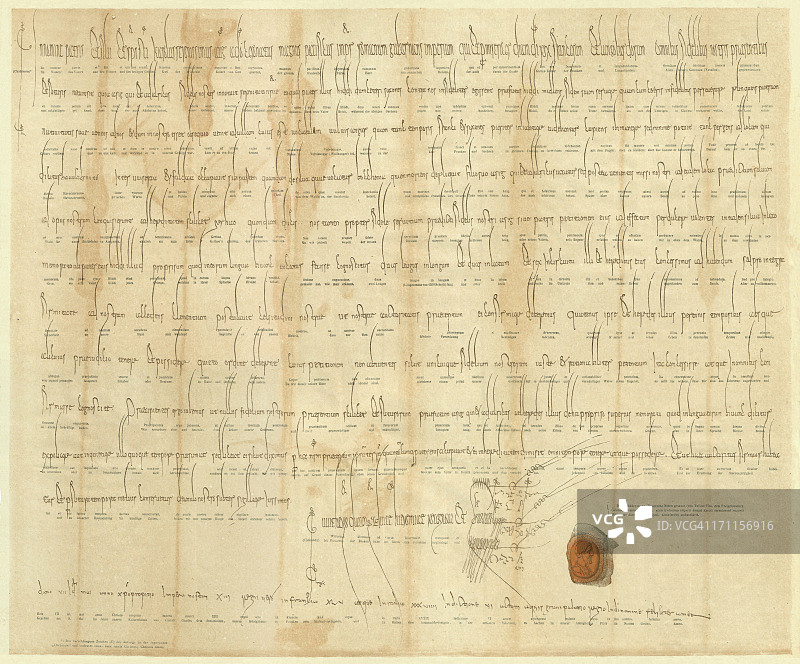 查理曼大帝的证书（813年），1880年出版的精确复制品图片素材