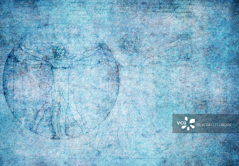 蓝色纹理背景上的维特鲁威人图片素材
