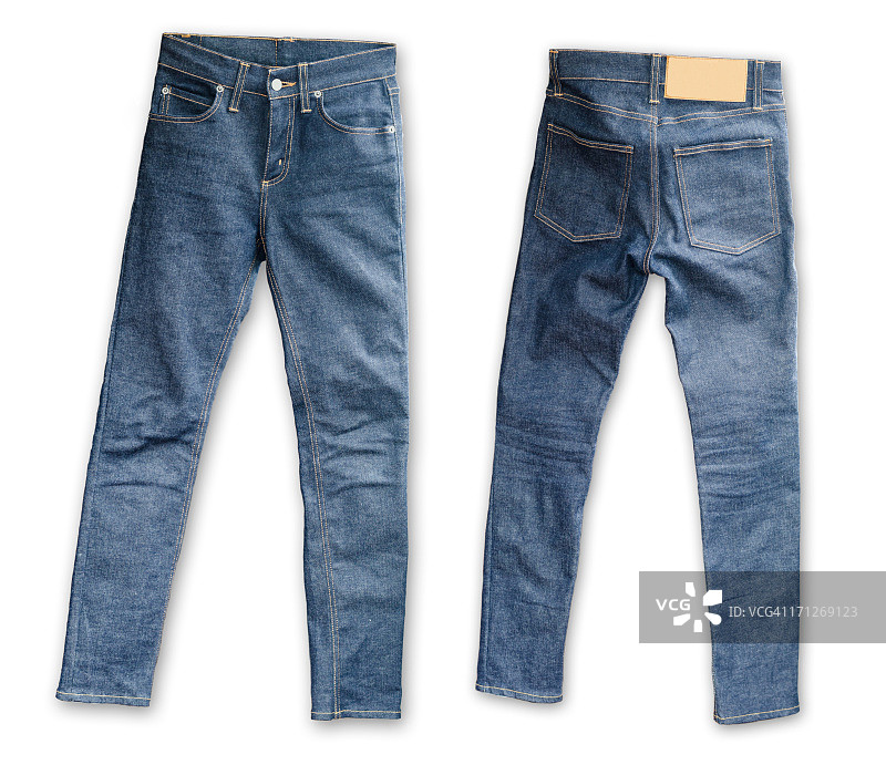 白色背景上的蓝色紧身牛仔裤图片素材