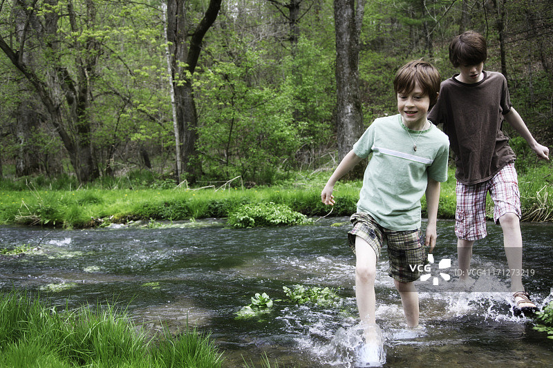 在绿树成荫的公园里戏水玩耍的小男孩们图片素材