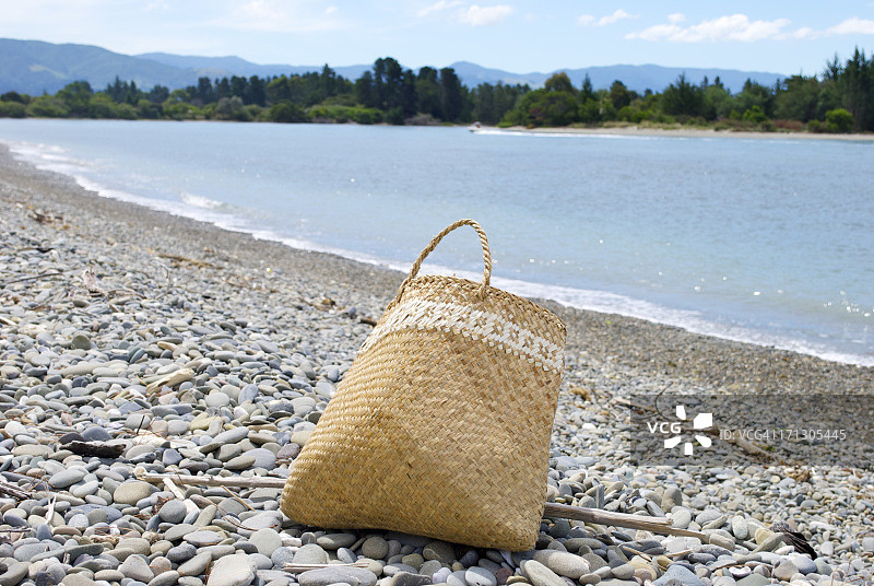 海滩上的亚麻编织篮图片素材