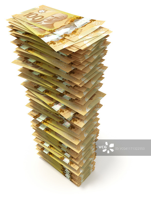白色背景上的加拿大百元钞票塔图片素材