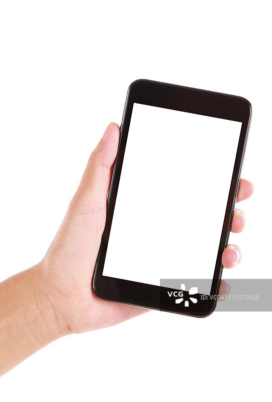手持白色背景上的空白屏幕智能手机图片素材