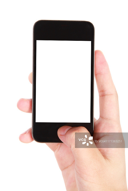 手持白色背景上的空白屏幕智能手机图片素材