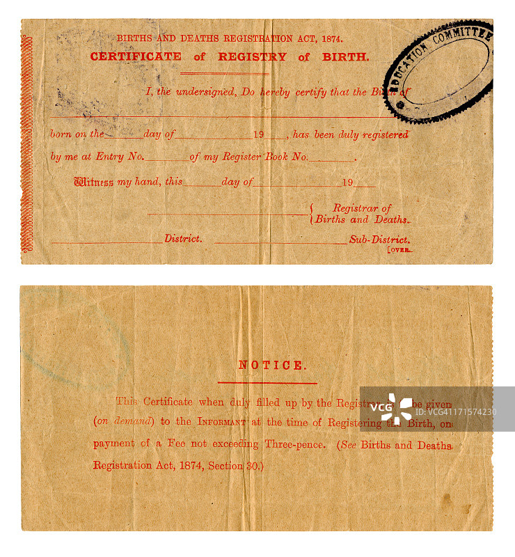 20世纪早期的英国出生证明图片素材