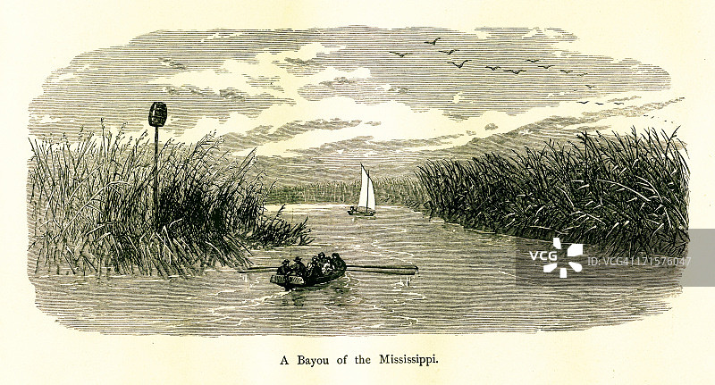 美国密西西比河的河口，木刻（1872年）图片素材