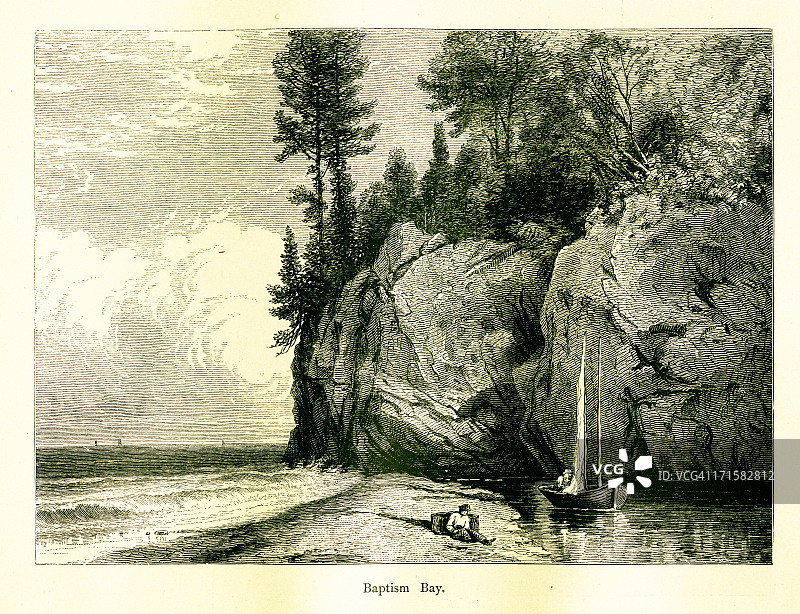 明尼苏达州苏必利尔湖浸礼湾木刻版画（1872年）图片素材