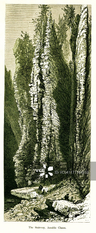 纽约州奥塞布尔峡谷的阶梯，木刻版画（1872年）图片素材
