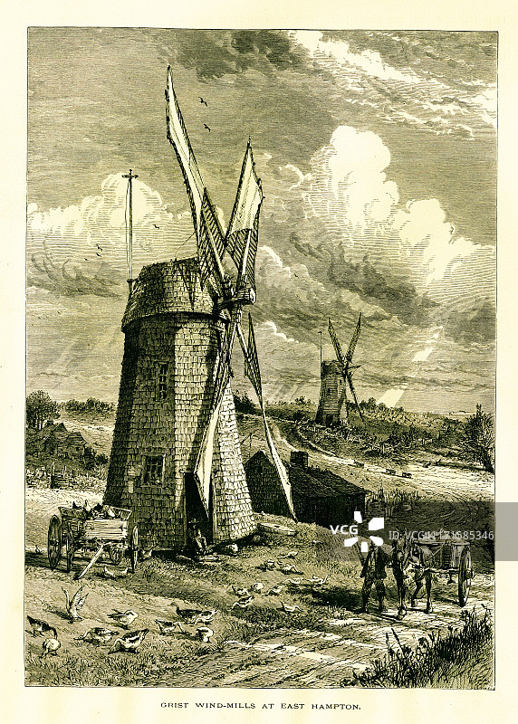 纽约州东汉普顿的磨坊风车|历史插图图片素材