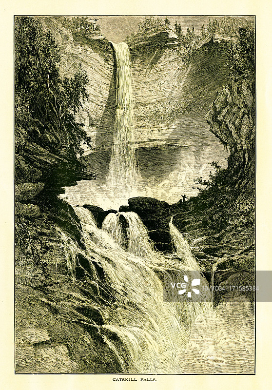 卡特斯基尔瀑布，卡茨基尔山脉，纽约州 | 历史美国插图图片素材