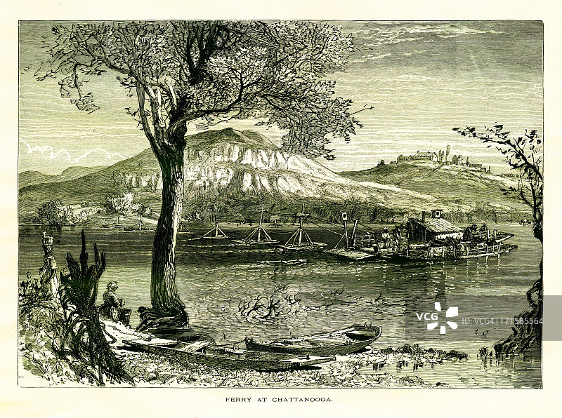 美国田纳西州查塔努加的渡轮，田纳西河，美国历史插画图片素材