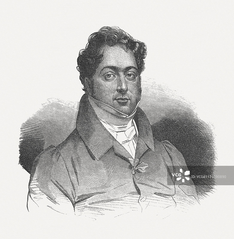 焦阿基诺·安东尼奥·罗西尼（1792-1868）：意大利作曲家，1882年出版的木刻版画图片素材