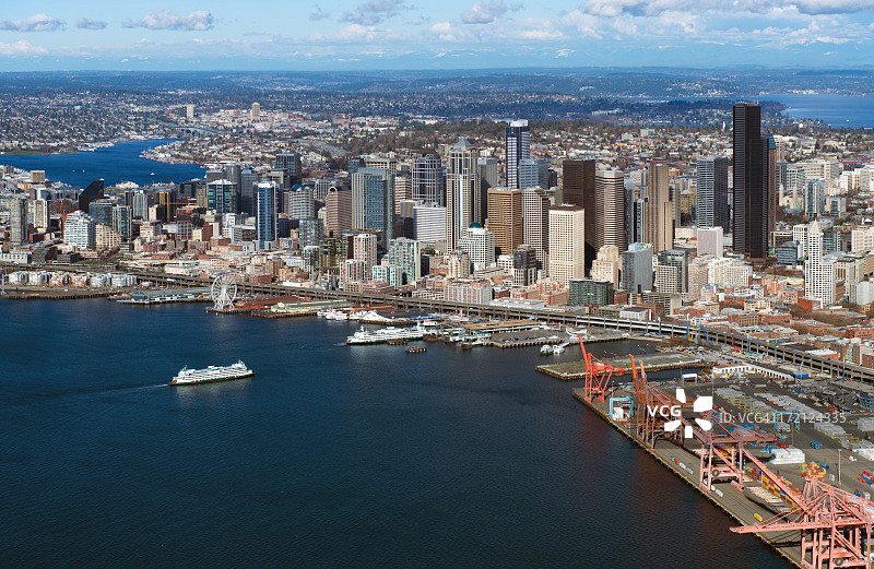 西雅图天际线和埃利奥特湾航拍图片素材
