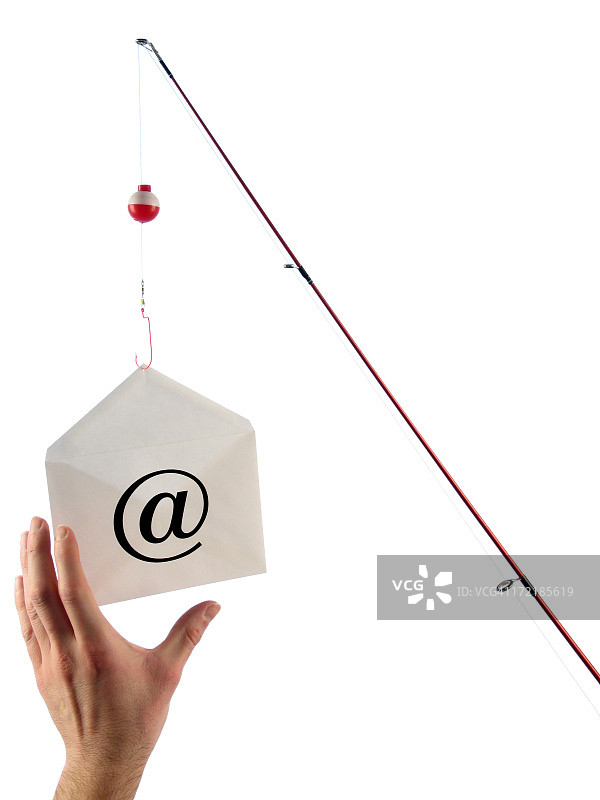 网络钓鱼概念：鱼竿上的电子邮件与上钩的手图片素材