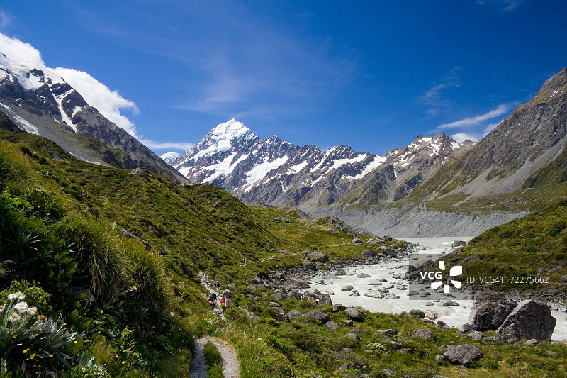 库克山的雪山顶和河流图片素材