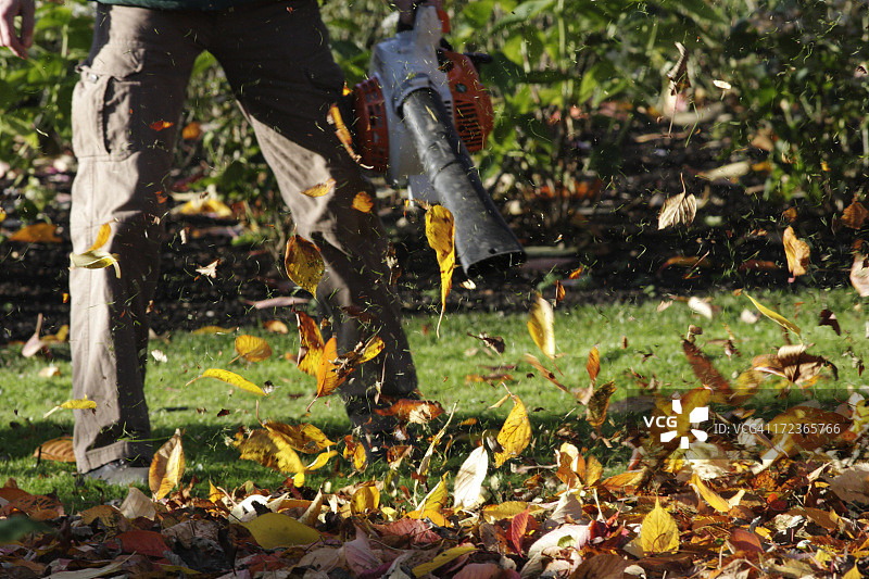 人工吹风机吹落秋叶图片素材