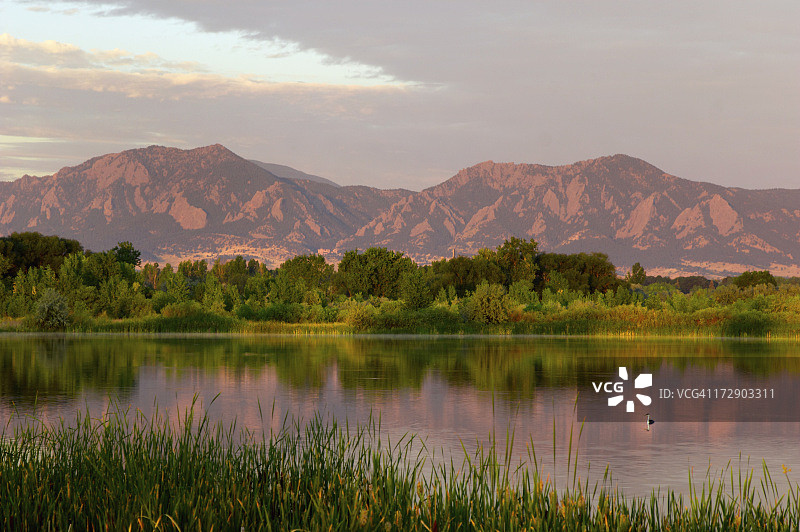 黎明时分的熨斗石与飞鸟图片素材