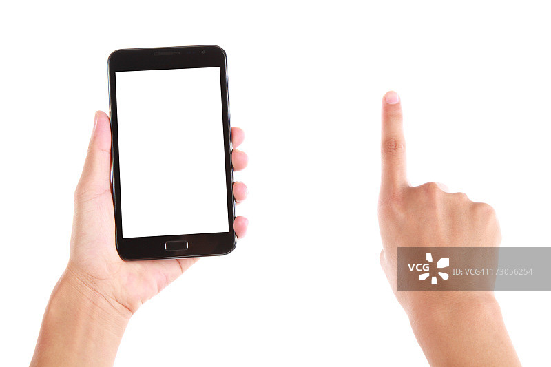 手持白色背景上的空白屏幕智能手机图片素材