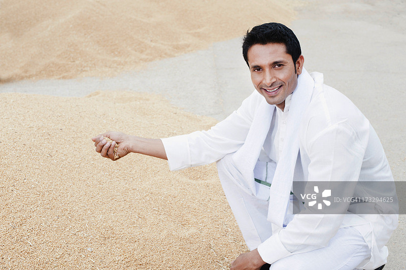 男人从谷堆中捡麦粒，印度哈里亚纳邦图片素材