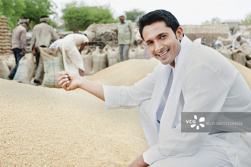 男人从谷堆中捡麦粒，印度哈里亚纳邦图片素材
