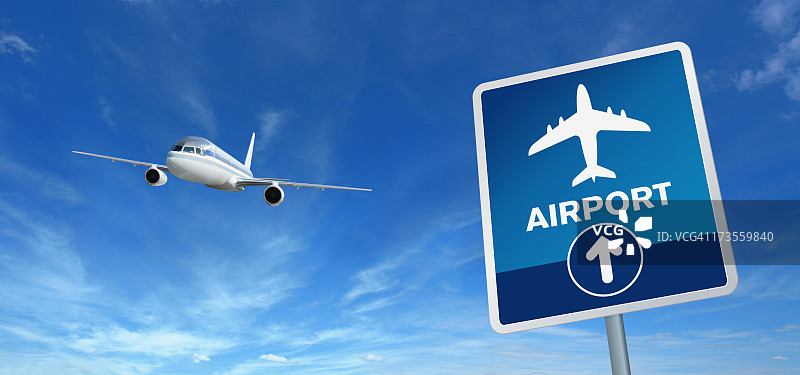 机场标志和飞行中的飞机图片素材