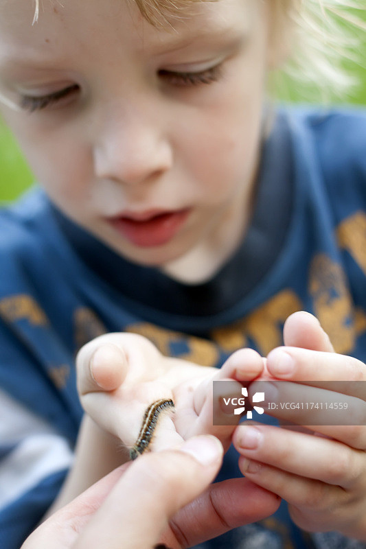 男孩和毛毛虫图片素材