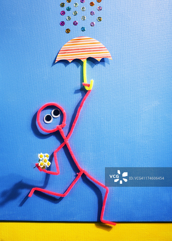 简笔画人物保护花朵免受雨淋图片素材