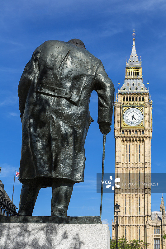 伦敦丘吉尔雕像和大本钟图片素材
