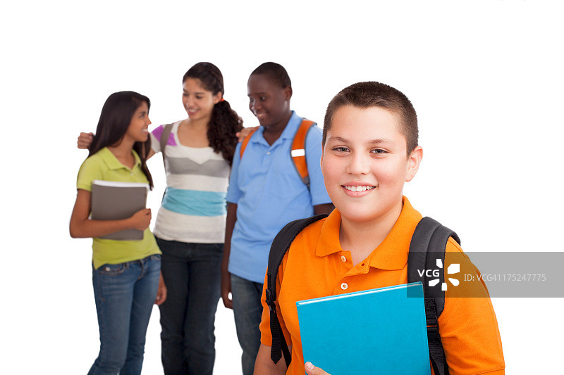 白人学生与同学合影图片素材