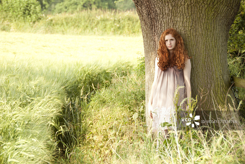 站在树下玉米田里的女孩图片素材
