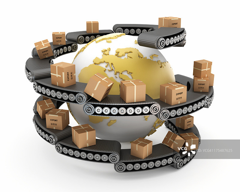 传送带上被盒子包围的地球图片素材