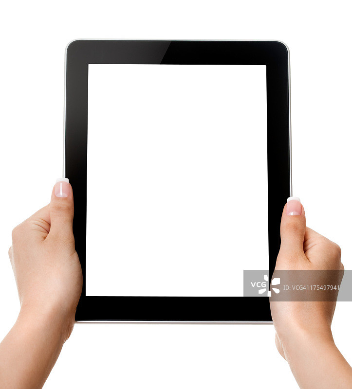 女人双手握着白色触摸屏图片素材