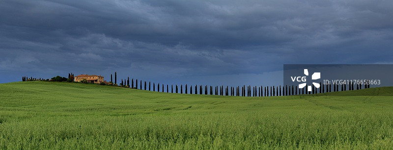 托斯卡纳的田野、庄园和丝柏小巷图片素材