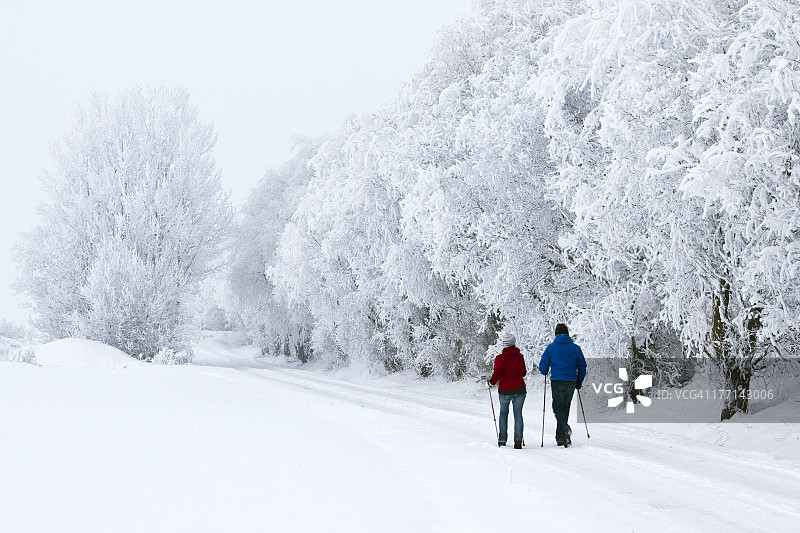 在冬季景观中散步的男人和女人图片素材