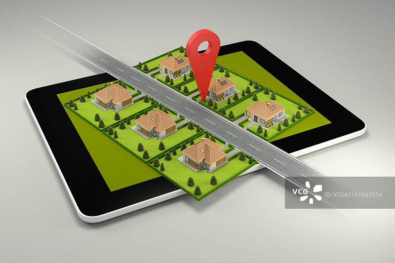 GPS标记显示来自许多房屋的房屋图片素材