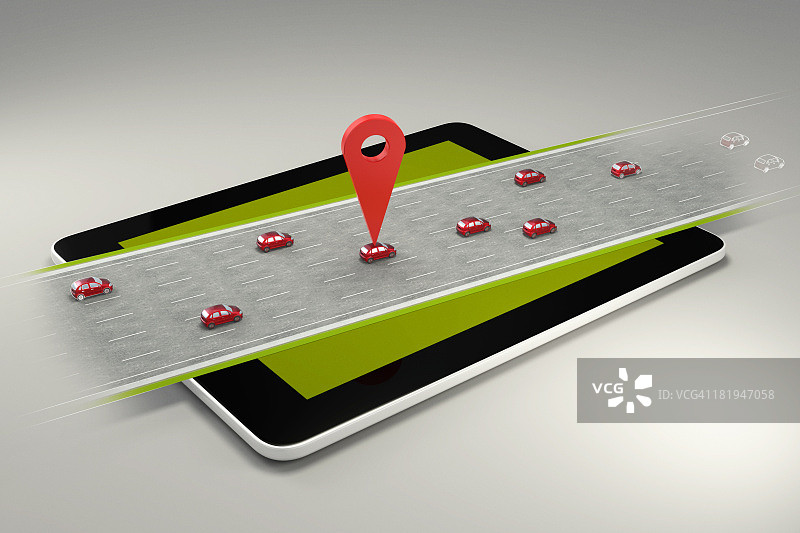 高速公路上显示众多汽车中的一辆汽车的GPS标记图片素材