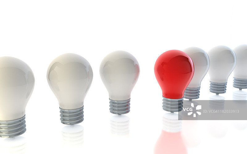 在一群白色灯泡中脱颖而出的红色灯泡图片素材