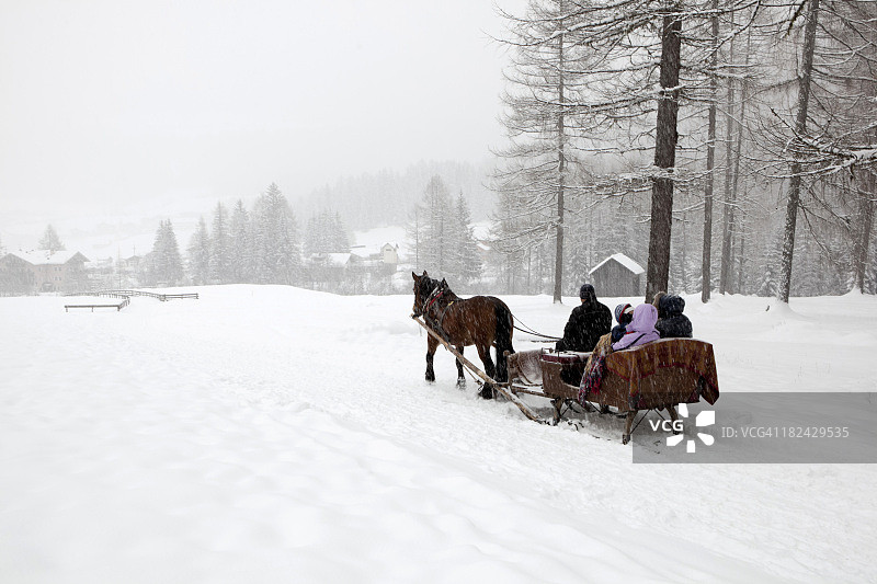 乘坐雪橇穿梭于冬日仙境图片素材